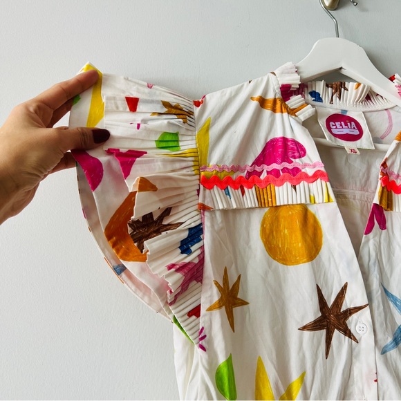 CeliaB Meridian Dress Colorful Print Ruffle Mini Dress V-Neck Statement Size XS - Picture 4 of 8